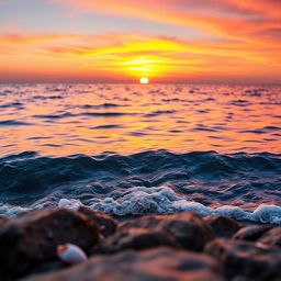 A close-up of a beautiful sunset over a calm ocean, with vibrant hues of orange, pink, and purple in the sky, the sun just above the horizon