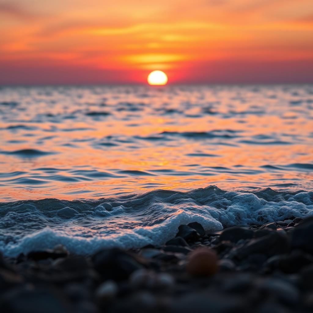 A close-up of a beautiful sunset over a calm ocean, with vibrant hues of orange, pink, and purple in the sky, the sun just above the horizon