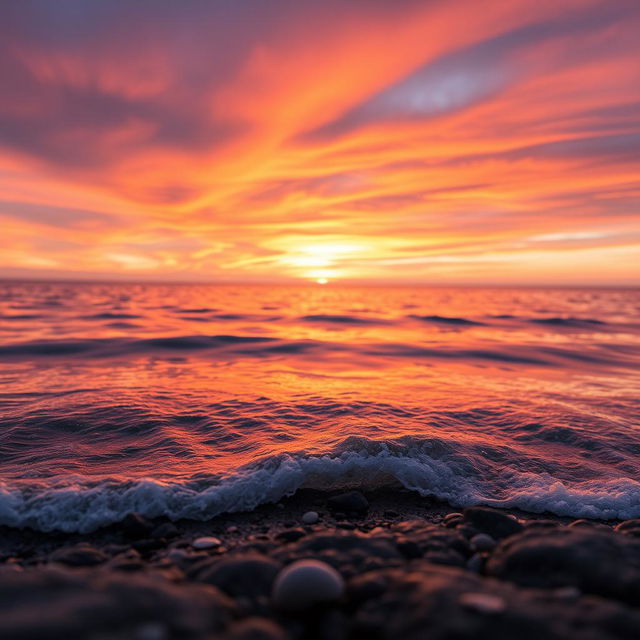 A close-up of a beautiful sunset over a calm ocean, with vibrant hues of orange, pink, and purple in the sky, the sun just above the horizon