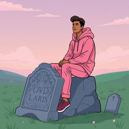 A man dressed in a pink hoodie and pink pants sitting on a grave, illustrated in a vector style