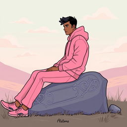 A man dressed in a pink hoodie and pink pants sitting on a grave, illustrated in a vector style
