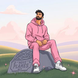 A man dressed in a pink hoodie and pink pants sitting on a grave, illustrated in a vector style