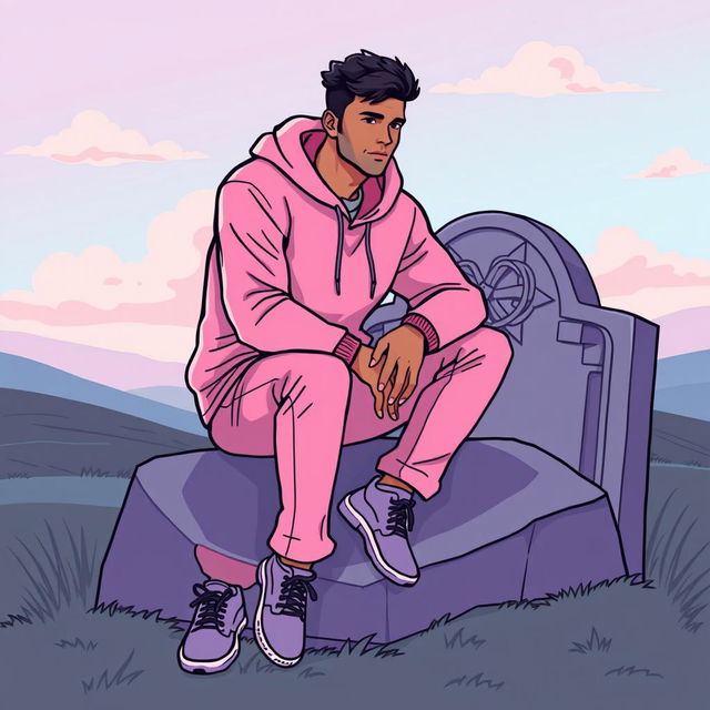 A man dressed in a pink hoodie and pink pants sitting on a grave, illustrated in a vector style