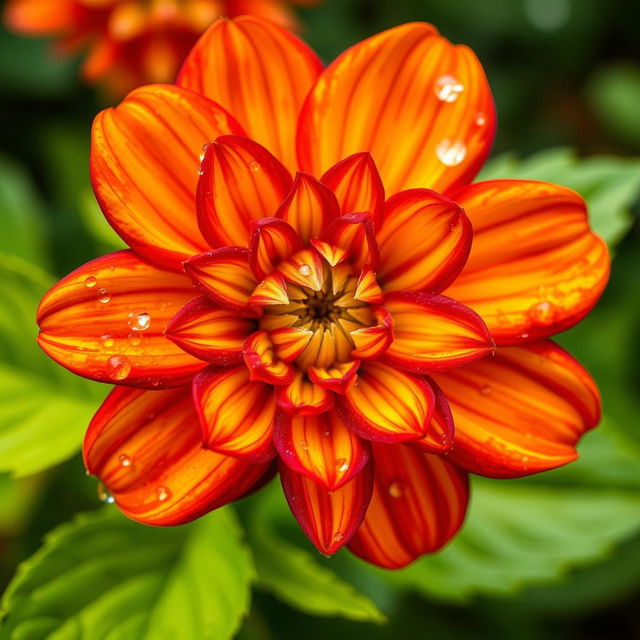 A stunning close-up of a vibrant flower in full bloom, showcasing its intricate petals that blend shades of red, yellow, and orange