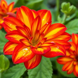 A stunning close-up of a vibrant flower in full bloom, showcasing its intricate petals that blend shades of red, yellow, and orange
