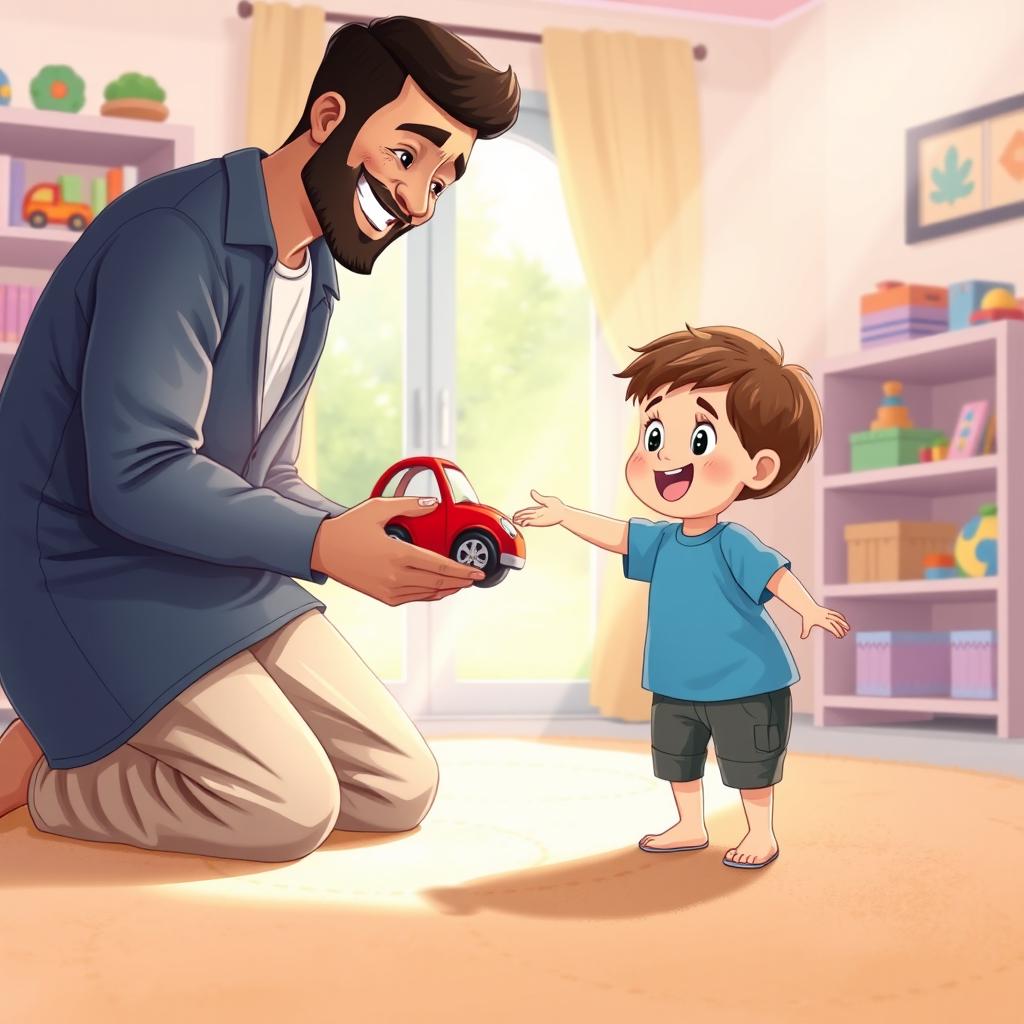 A cheerful living room scene featuring a Muslim father in a casual outfit kneeling down with a big smile, holding out a bright red toy car to his young child