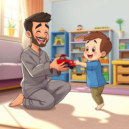 A cheerful living room scene featuring a Muslim father in a casual outfit kneeling down with a big smile, holding out a bright red toy car to his young child
