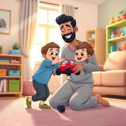 A cheerful living room scene featuring a Muslim father in a casual outfit kneeling down with a big smile, holding out a bright red toy car to his young child