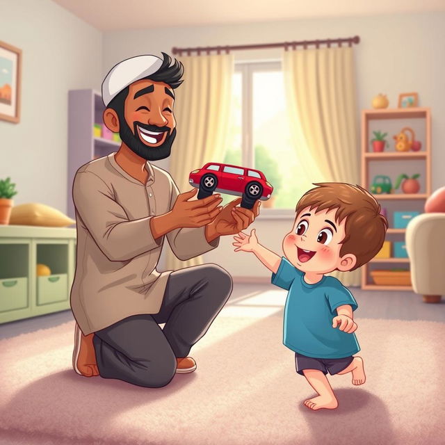 A cheerful living room scene featuring a Muslim father in a casual outfit kneeling down with a big smile, holding out a bright red toy car to his young child