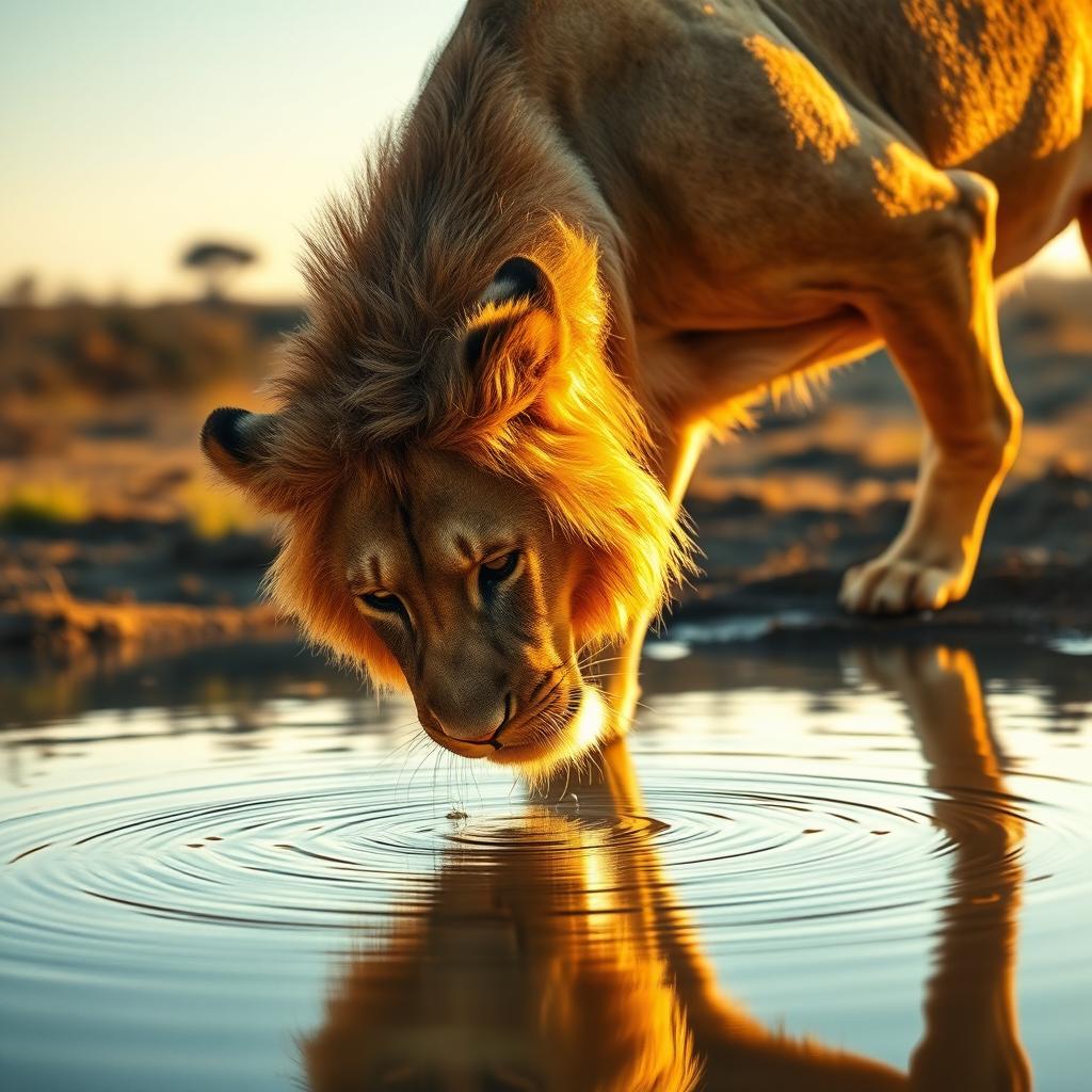 A majestic lion drinking water from a clear, tranquil waterhole in the African savannah