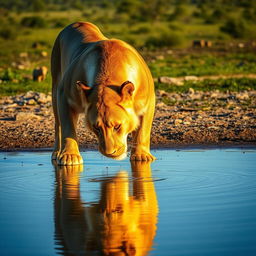 A majestic lion drinking water from a clear, tranquil waterhole in the African savannah