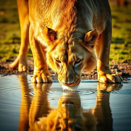 A majestic lion drinking water from a clear, tranquil waterhole in the African savannah