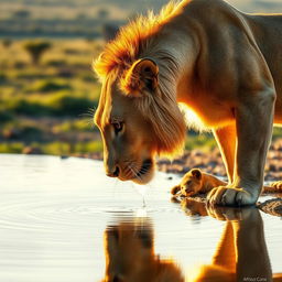 A majestic lion drinking water from a clear, tranquil waterhole in the African savannah
