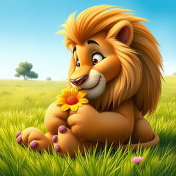 A whimsical scene of a lion sitting in a lush green meadow, delicately munching on a colorful flower with its large, gentle paws