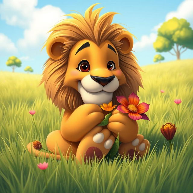 A whimsical scene of a lion sitting in a lush green meadow, delicately munching on a colorful flower with its large, gentle paws