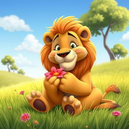 A whimsical scene of a lion sitting in a lush green meadow, delicately munching on a colorful flower with its large, gentle paws