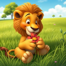 A whimsical scene of a lion sitting in a lush green meadow, delicately munching on a colorful flower with its large, gentle paws