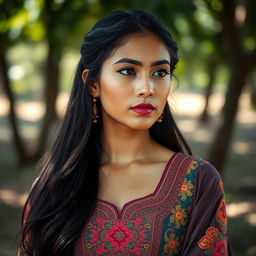 A stunning portrait of a young woman named Masih, with long flowing dark hair and striking features