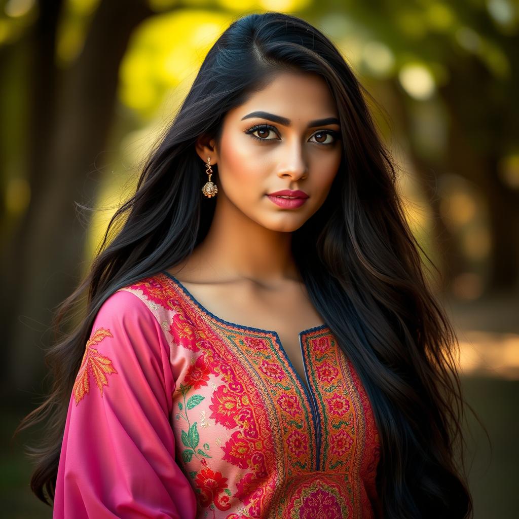 A stunning portrait of a young woman named Masih, with long flowing dark hair and striking features