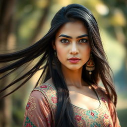 A stunning portrait of a young woman named Masih, with long flowing dark hair and striking features