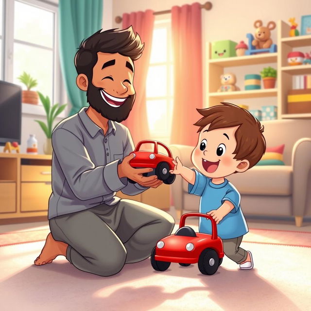 A cheerful living room scene featuring a Muslim father in a casual outfit kneeling down with a big smile on his face, joyfully holding out a bright red toy car to his child