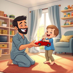 A cheerful living room scene featuring a Muslim father in a casual outfit kneeling down with a big smile on his face, joyfully holding out a bright red toy car to his child