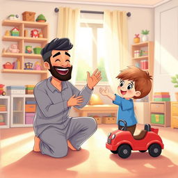 A cheerful living room scene featuring a Muslim father in a casual outfit kneeling down with a big smile on his face, joyfully holding out a bright red toy car to his child