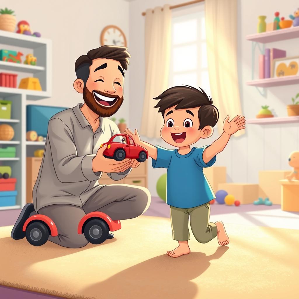 A cheerful living room scene featuring a Muslim father in a casual outfit kneeling down with a big smile on his face, joyfully holding out a bright red toy car to his child