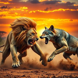 A dramatic scene depicting a fierce battle between a lion and a wolf