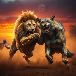 A dramatic scene depicting a fierce battle between a lion and a wolf