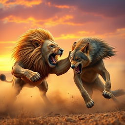 A dramatic scene depicting a fierce battle between a lion and a wolf