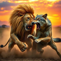 A dramatic scene depicting a fierce battle between a lion and a wolf