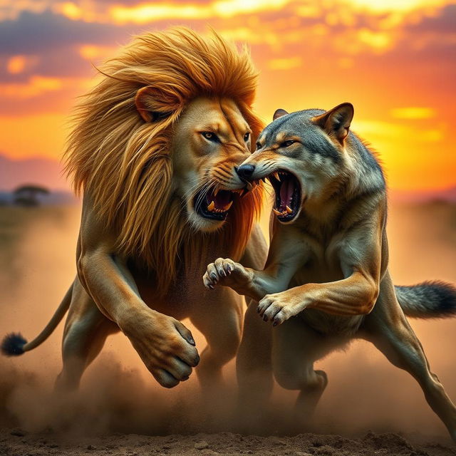 A dramatic scene depicting a fierce battle between a lion and a wolf