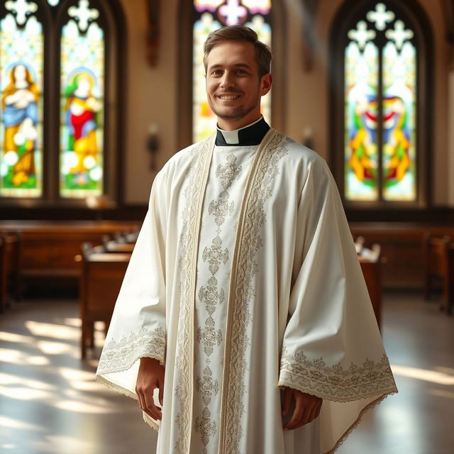 A person portrayed in a traditional priest alb, a long white robe with wide sleeves, enriched with elegant lace and embroidery, standing in a serene church setting