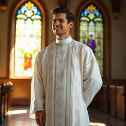A person portrayed in a traditional priest alb, a long white robe with wide sleeves, enriched with elegant lace and embroidery, standing in a serene church setting