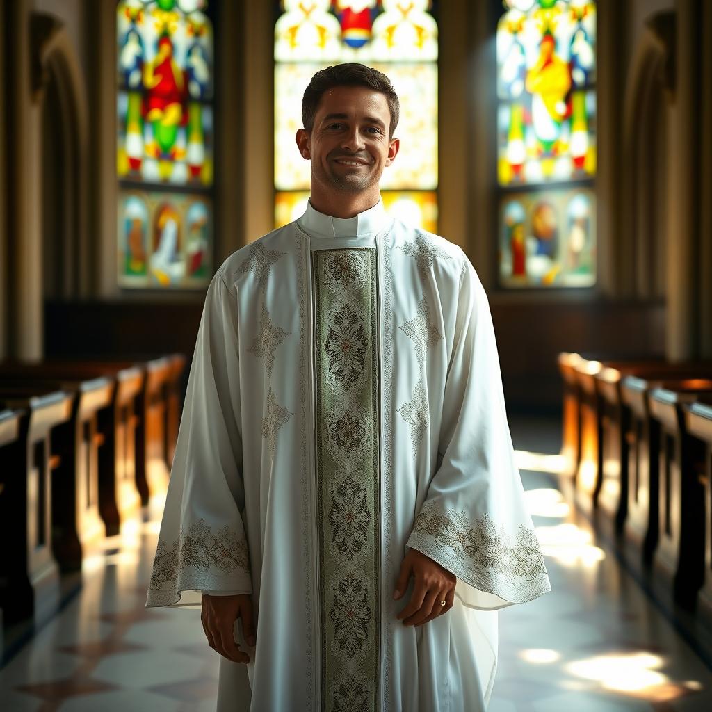 A person portrayed in a traditional priest alb, a long white robe with wide sleeves, enriched with elegant lace and embroidery, standing in a serene church setting