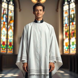 A person portrayed in a traditional priest alb, a long white robe with wide sleeves, enriched with elegant lace and embroidery, standing in a serene church setting