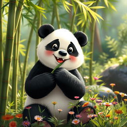 A cute panda happily munching on bamboo in a lush green forest