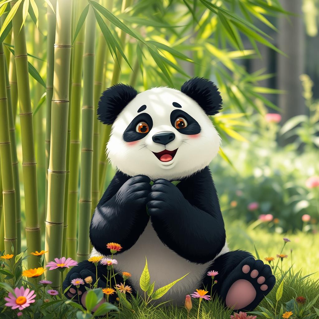 A cute panda happily munching on bamboo in a lush green forest