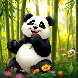 A cute panda happily munching on bamboo in a lush green forest