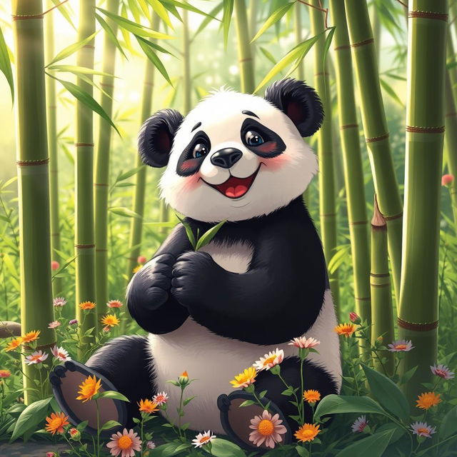 A cute panda happily munching on bamboo in a lush green forest