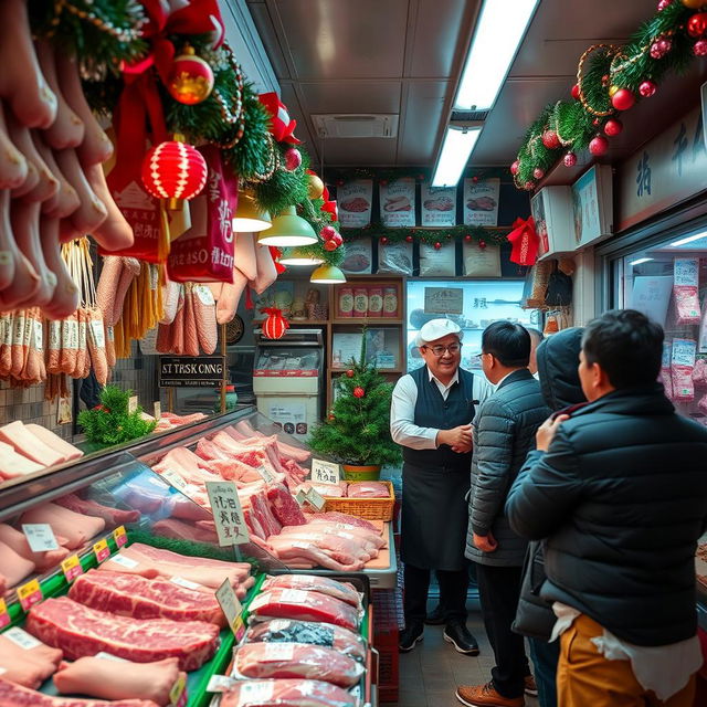 A vibrant and inviting scene inside a Hong Kong meat shop, decorated for Christmas