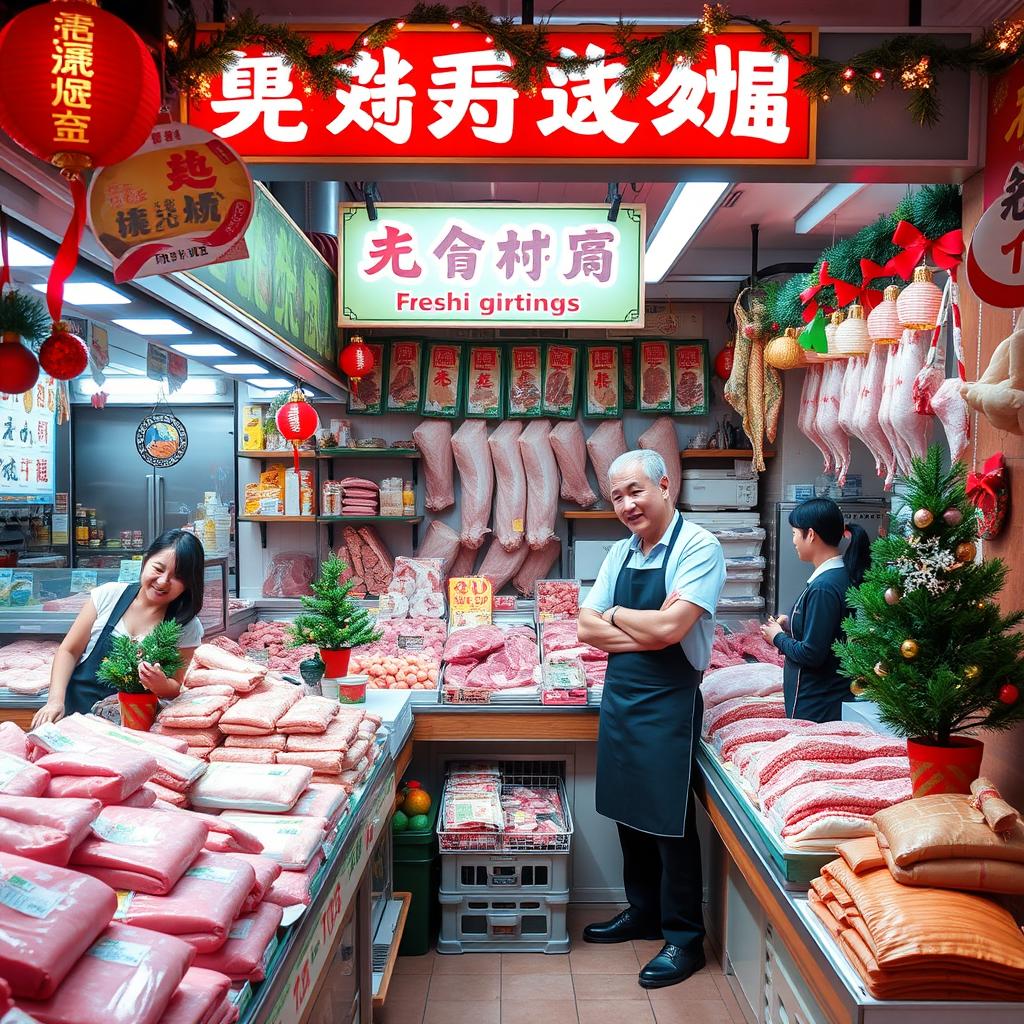 A vibrant and inviting scene inside a Hong Kong meat shop, decorated for Christmas