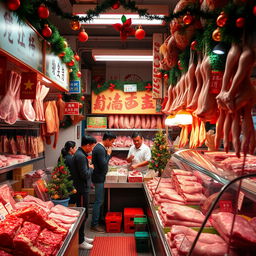 A vibrant and inviting scene inside a Hong Kong meat shop, decorated for Christmas