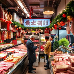 A vibrant and inviting scene inside a Hong Kong meat shop, decorated for Christmas