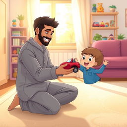A cheerful living room scene featuring a Muslim father kneeling down with a big smile, dressed in a casual outfit, holding out a bright red toy car to his excited child