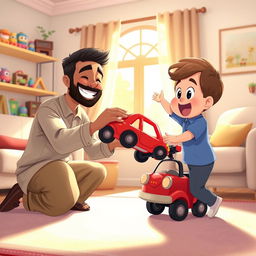 A cheerful living room scene featuring a Muslim father kneeling down with a big smile, dressed in a casual outfit, holding out a bright red toy car to his excited child