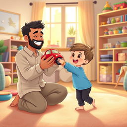 A cheerful living room scene featuring a Muslim father kneeling down with a big smile, dressed in a casual outfit, holding out a bright red toy car to his excited child