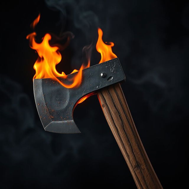 A fiery axe engulfed in flames, with vibrant orange and red flames licking around the metal blade