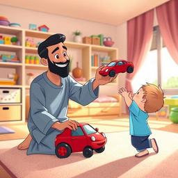 A cheerful living room scene depicting a Muslim father kneeling with a smile, holding out a bright red toy car to his child